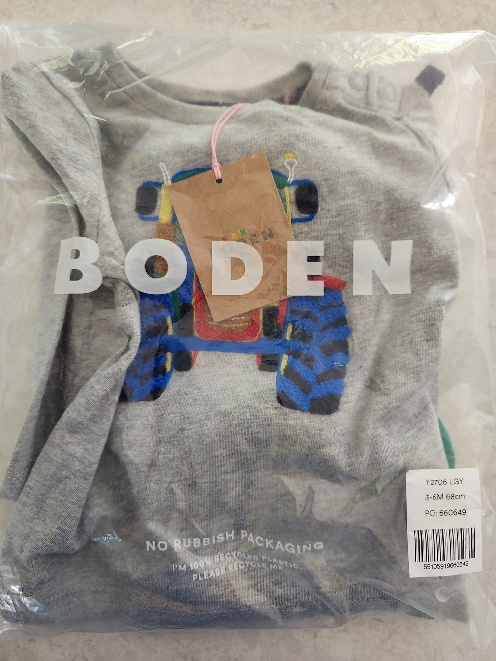 NWT Boden Applique Jersey Playset - Grey Tractor Tee & Green Pants - 3-6 Months